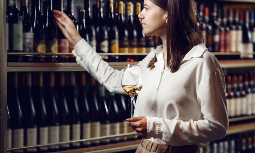 Donna che sorseggia vino in una cantina