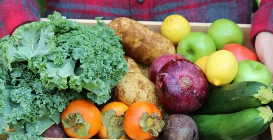 Cassa di legno piena di frutta e verdura