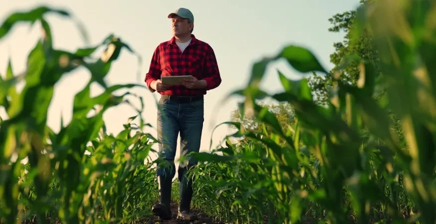 Agricoltore in un terreno con tablet