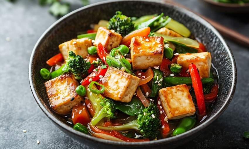 Tofu marinato in piatto con verdure saltate